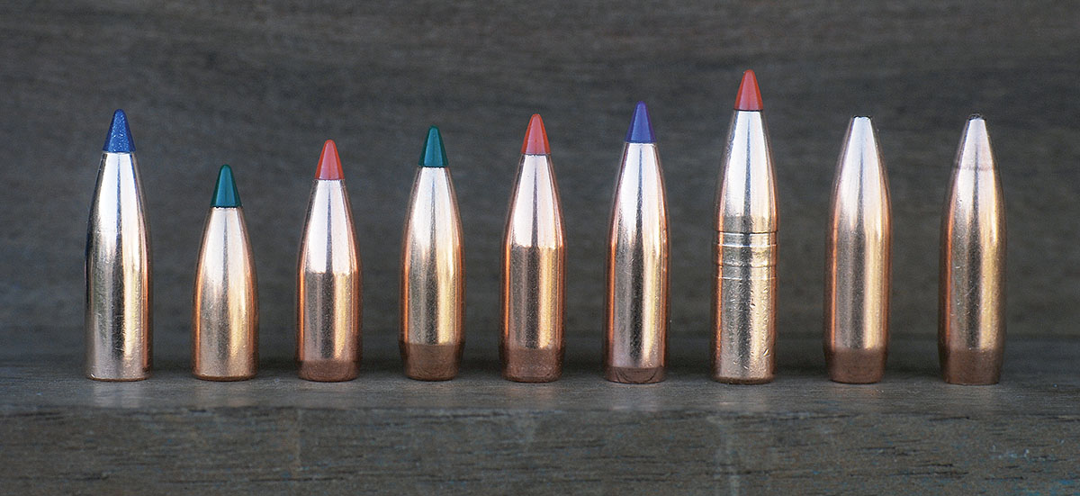 A selection of varmint bullets shot for groups included, from left: Nosler 55-grain Lead Free Ballistic Tip, Sierra 55-grain BlitzKing, Hornady 65 V-MAX, Sierra 70 BlitzKing, Hornady 75 V-MAX, Nosler 80 Ballistic Tip, Hornady 80 GMX (non-lead), Sierra 85 hollowpoint boat-tail and Sierra 90-grain FMJ boat-tail.